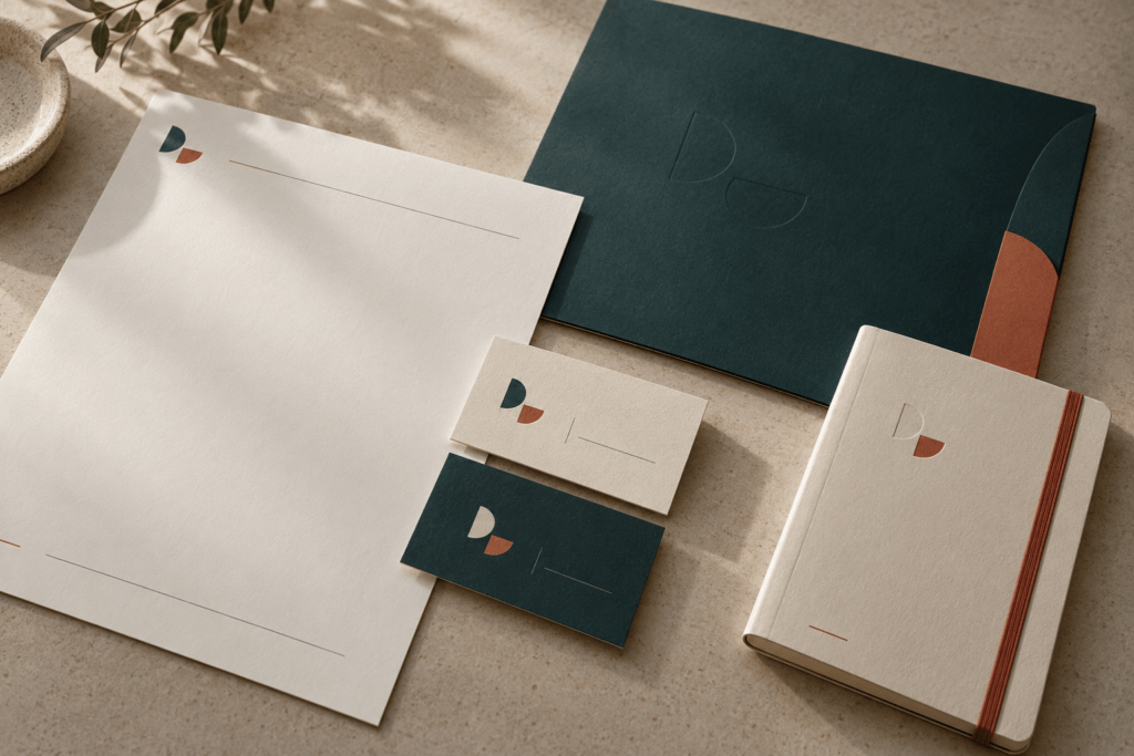 Papel timbrado, cartões de visita, pasta e caderno com identidade visual coordenada em verde-escuro, creme e terracota. 
